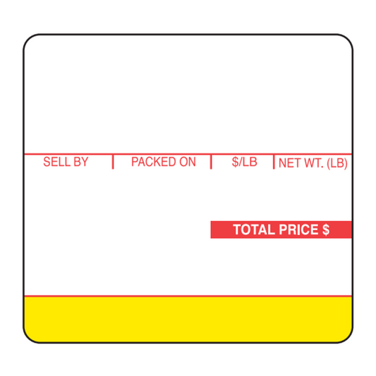 Ishida 64mm x 59mm Red/Yellow Scale Labels – 12 Rolls of 625 Labels