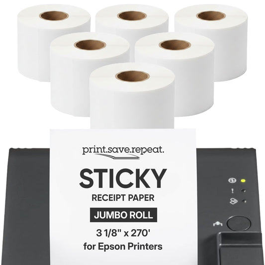 Epson 3.125" Continuous Sticky Receipt Paper Jumbo Roll, 6 Pack