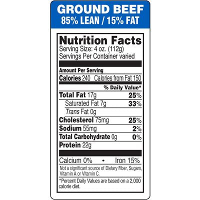Ground Beef 85% Lean / 15% Fat Label