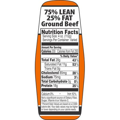 Ground Beef 75%/25% w/ nutritional Fact Label