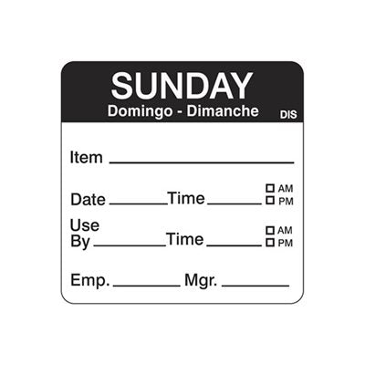 Shelf Life-Day of Week - Sunday Label