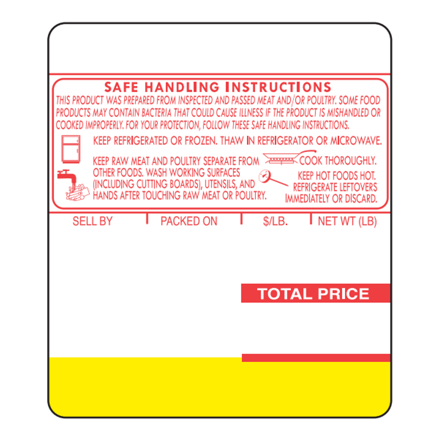 64mm x 73mm Ishida Scale Labels | 500 Roll | 12 Pack | Safe Handling | Red/Yellow