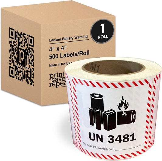 4" x 4" UN 3481 Lithium Battery Warning Labels Red/Black | 500 Roll | 1 Pack