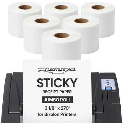 Bixolon 3.125" Continuous Sticky Receipt Paper Jumbo Roll, 6 Pack