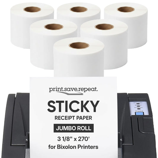 Bixolon 3.125" Continuous Sticky Receipt Paper Jumbo Roll, 6 Pack