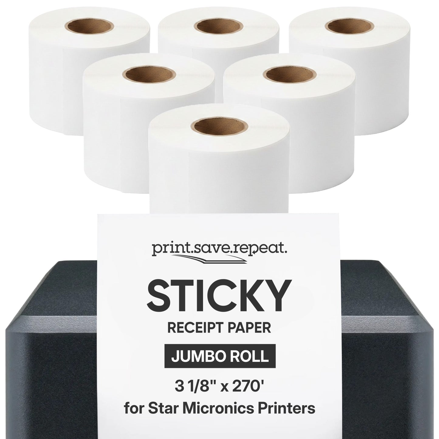 Star Micronics 3.125" Continuous Sticky Receipt Paper Jumbo Roll, 6 Pack