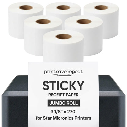 Star Micronics 3.125" Continuous Sticky Receipt Paper Jumbo Roll, 6 Pack