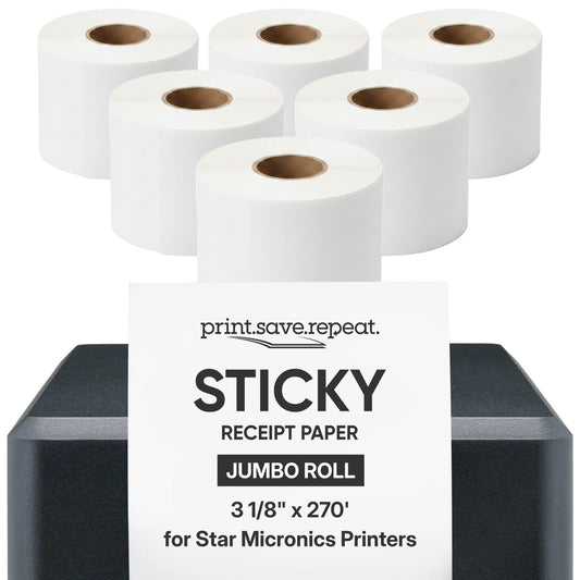 Star Micronics 3.125" Continuous Sticky Receipt Paper Jumbo Roll, 6 Pack