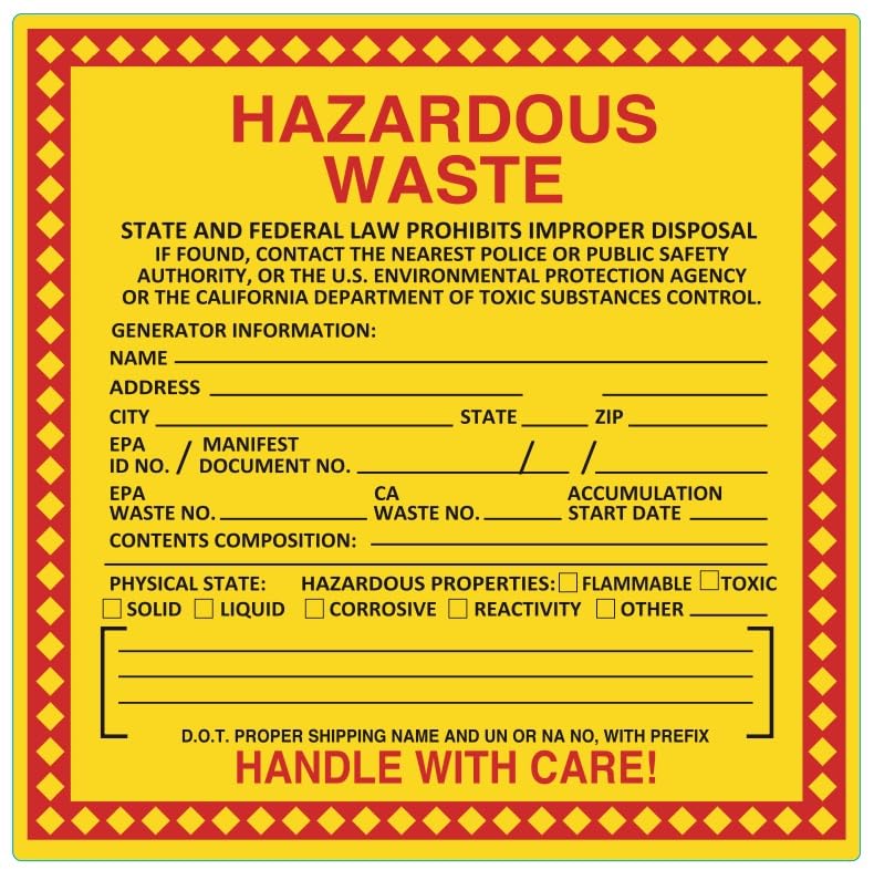 6x6 inch Hazardous Waste Labels with California Info | 100 Sheets Shrinkwrapped (107262)