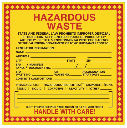 6x6 inch Hazardous Waste Labels with California Info | 100 Sheets Shrinkwrapped (107262)