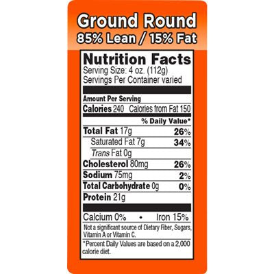 Ground Round-85% Lean / 15% Fat Label