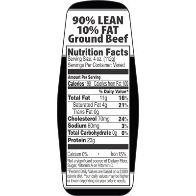 Ground Beef 90%/10% w/ nutritional Fact Label