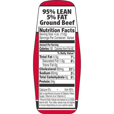 Ground Beef 95%/5% w/ nutritional Fact Label