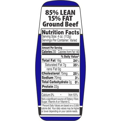 Ground Beef 85%/15% w/ nutritional Fact Label
