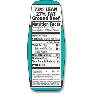 Ground Beef 73%/27% w/ nutritional Fact Label